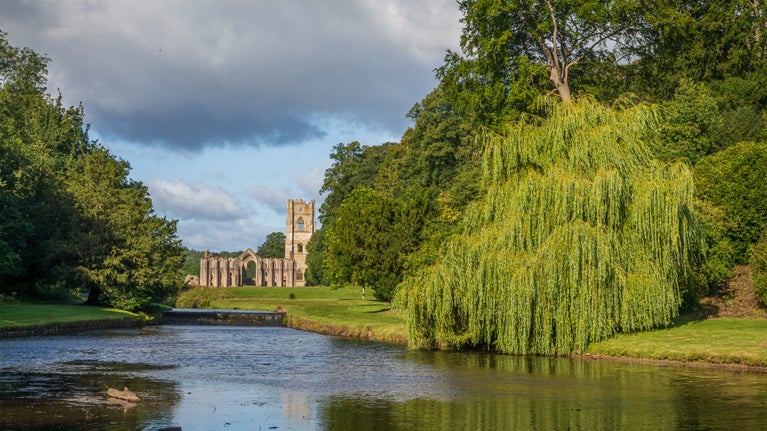 Ruins of an abbey seen in the distance beyond a bend in a river, with a large willow tree and grassy banks in the foreground under a cloudy sky.
